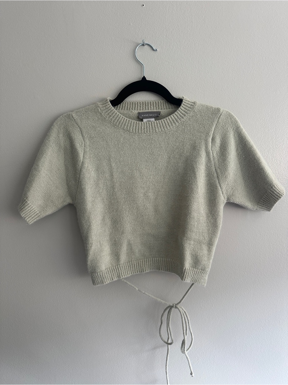 Sans Souci Soft Knit Open Back Tie Crop Sweater Top Neutral Cream - S
